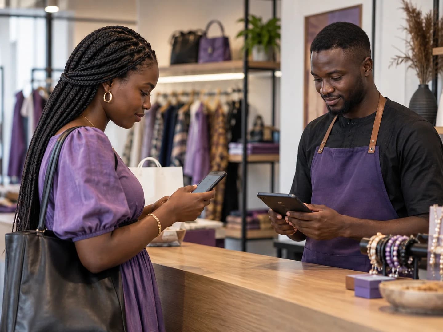 Une cliente et un commerçant effectuent un paiement sur leurs téléphones dans une boutique.