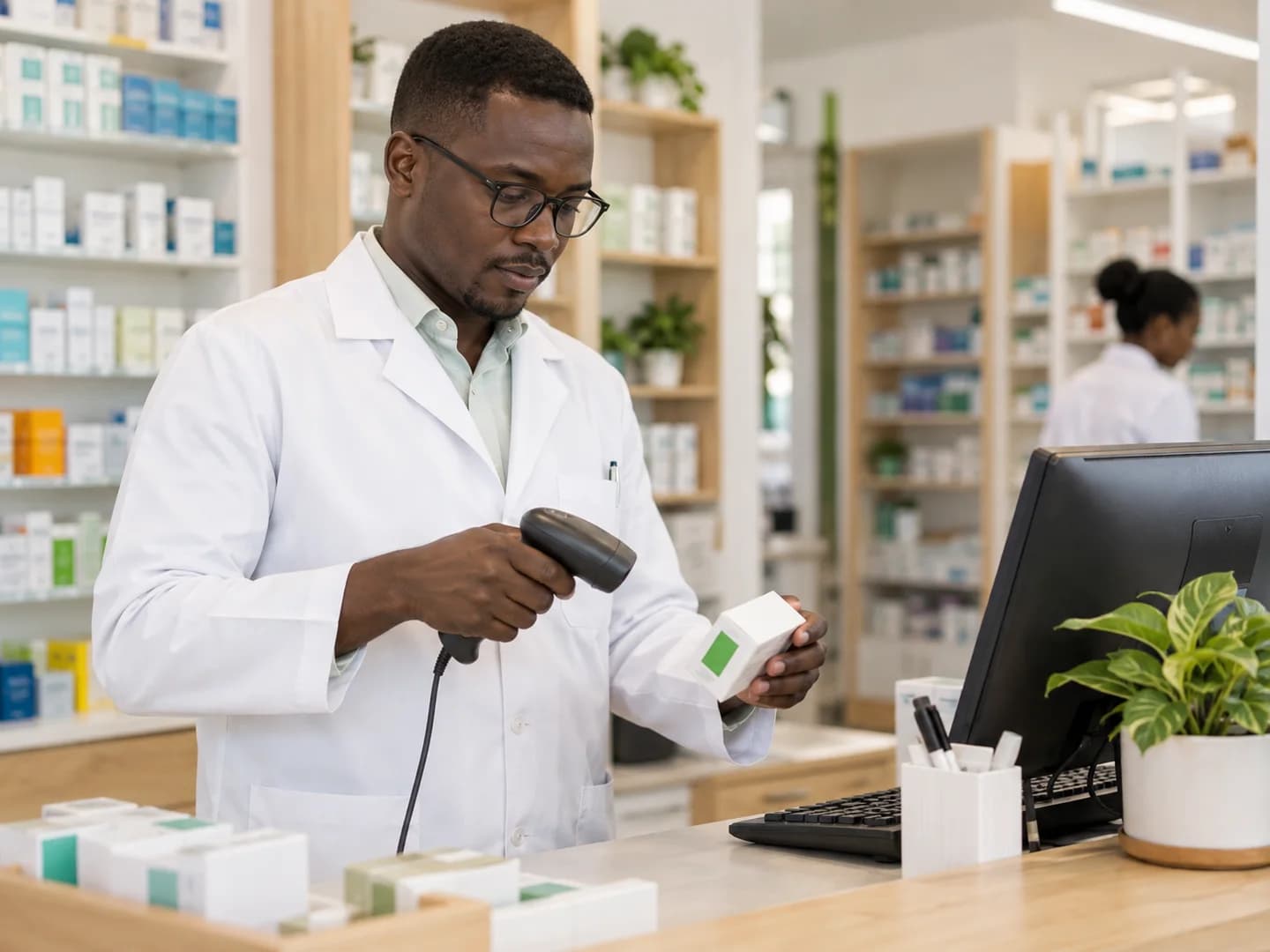 Un pharmacien enregistre une boîte avec un lecteur de codes-barres au comptoir.