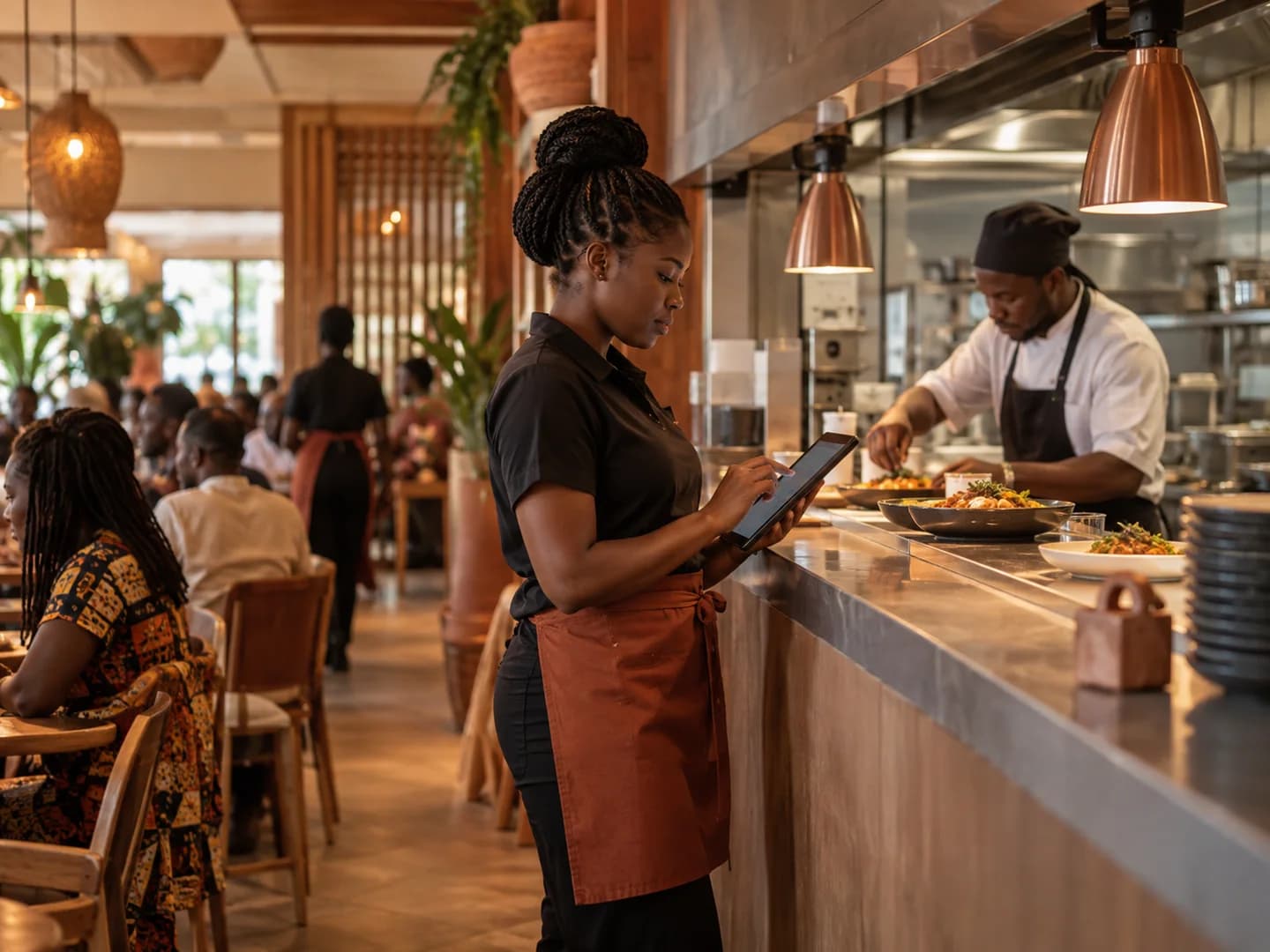 Une serveuse consulte une commande sur tablette près du passe de la cuisine.