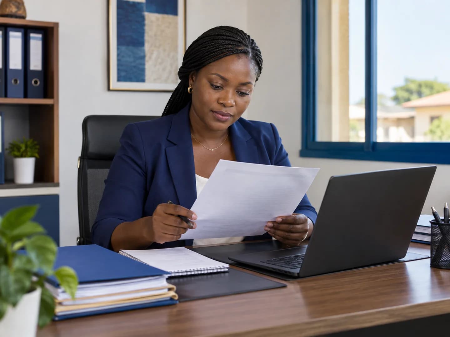 Une responsable administrative vérifie une facture près de son ordinateur.