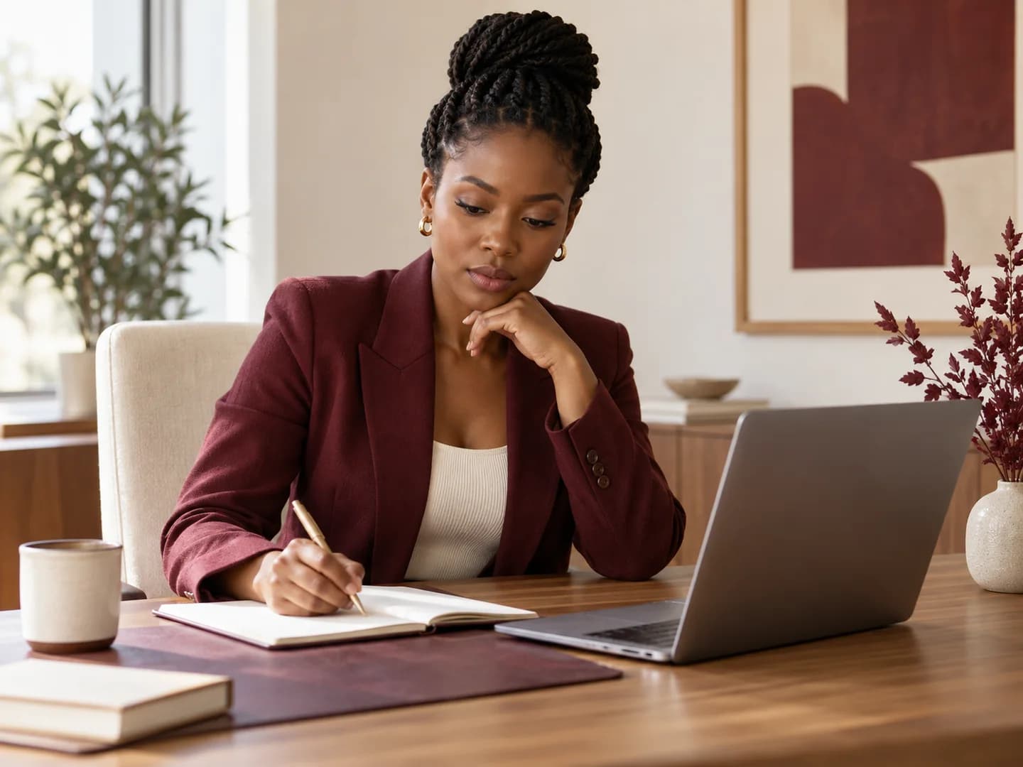 Une créatrice d’entreprise prend des notes en consultant son ordinateur.