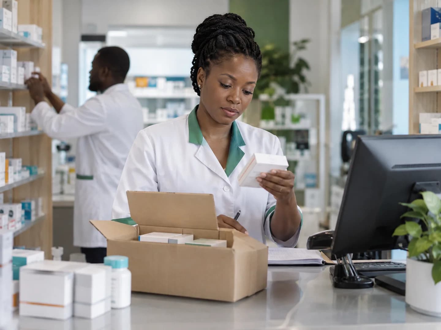 Une pharmacienne vérifie une livraison pendant qu’un collègue range les produits.